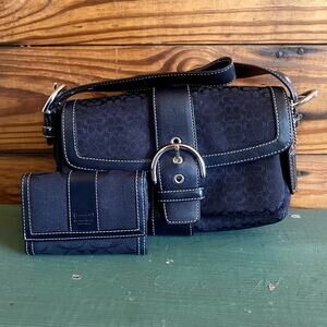 Vintage Coach 1463 Soho Flap Shoulder Bag in black signature and matching wallet